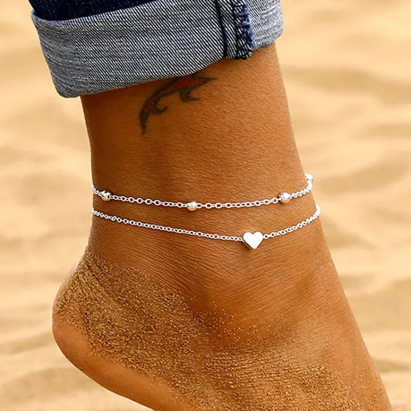 Bohemian Heart Anklet Women Layered Beach Summer Leg Chain