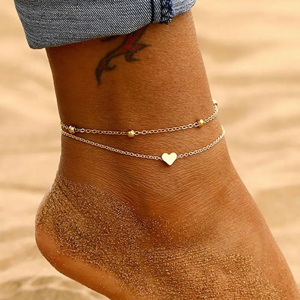 Bohemian Heart Anklet Women Layered Beach Summer Leg Chain
