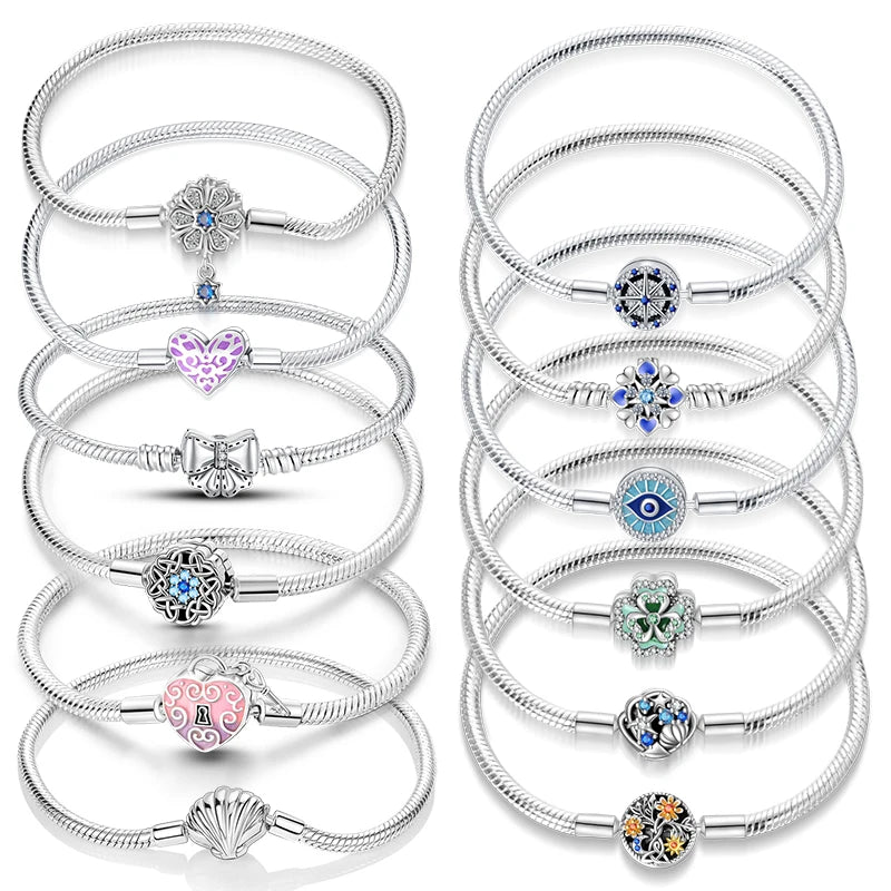 925 Sterling Silver Charm Beads Snake Chain Bracelet