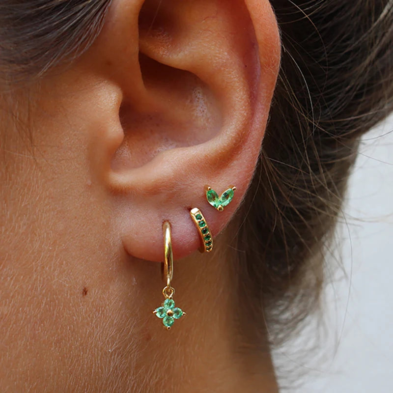 Stainless Steel Green Crystal Zirconia Hoop Earrings Set