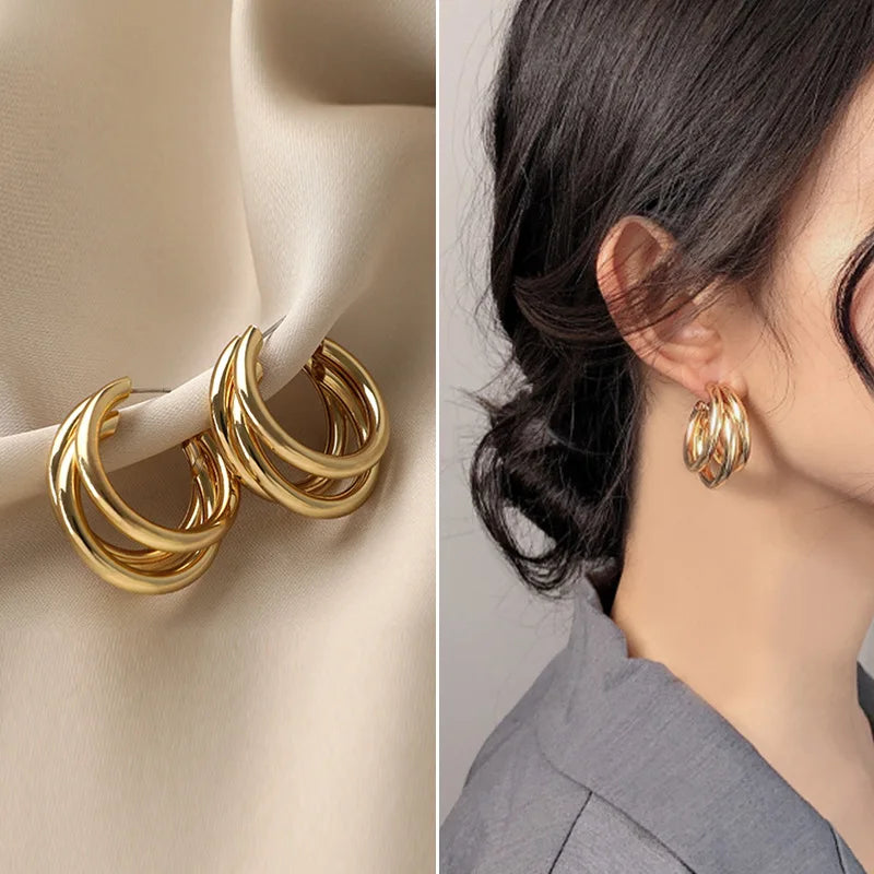 Modern Gold Triple Hoop Earrings