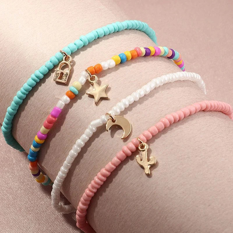 Bohemian 4-Piece Glass Bead Anklet Set