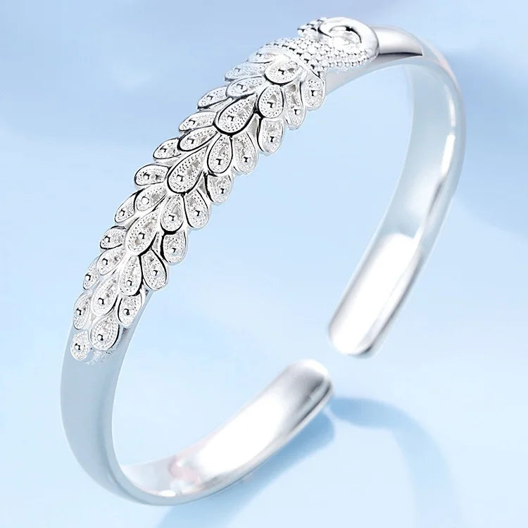Elegant 925 Sterling Silver Peacock Bangle Bracelet