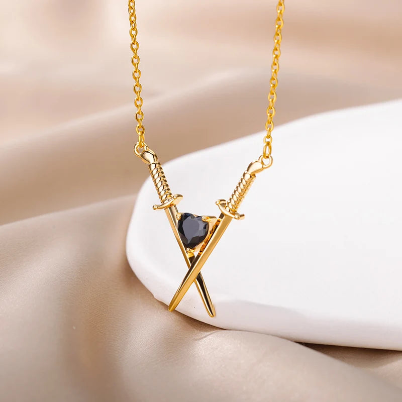Onyx Heart Crossed Swords Necklace