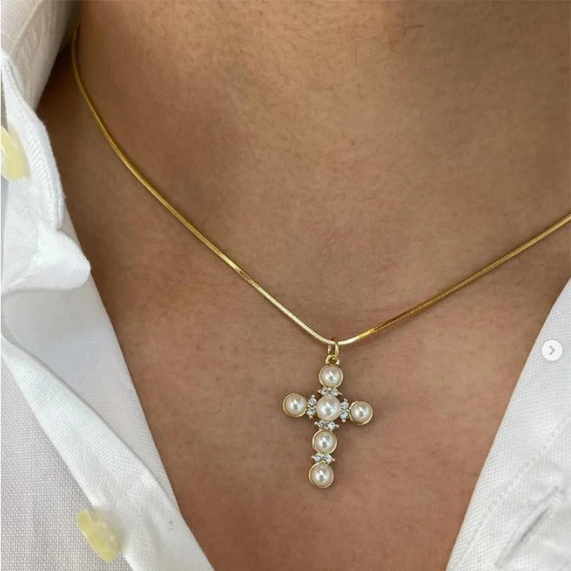 Vintage Multilayer Pearl Cross Pendant Necklace
