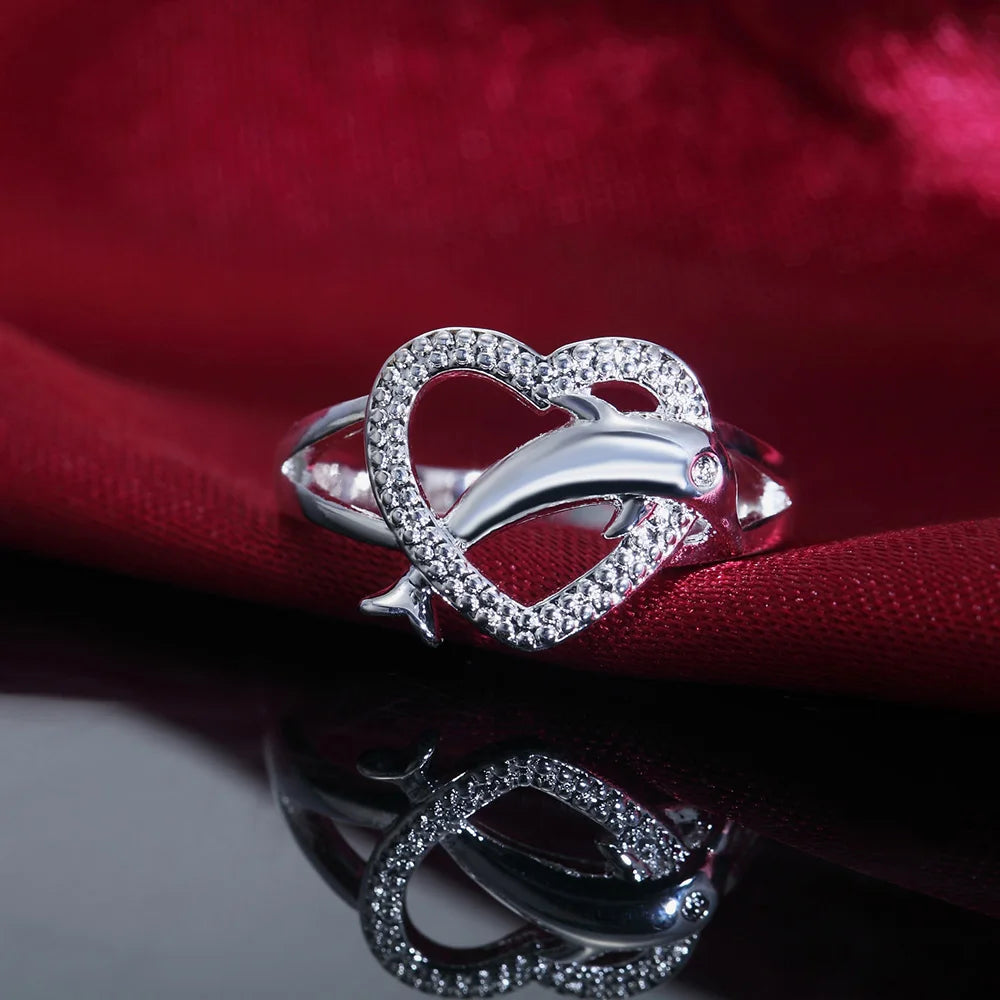 925 Sterling Silver Love Dolphins Heart Ring
