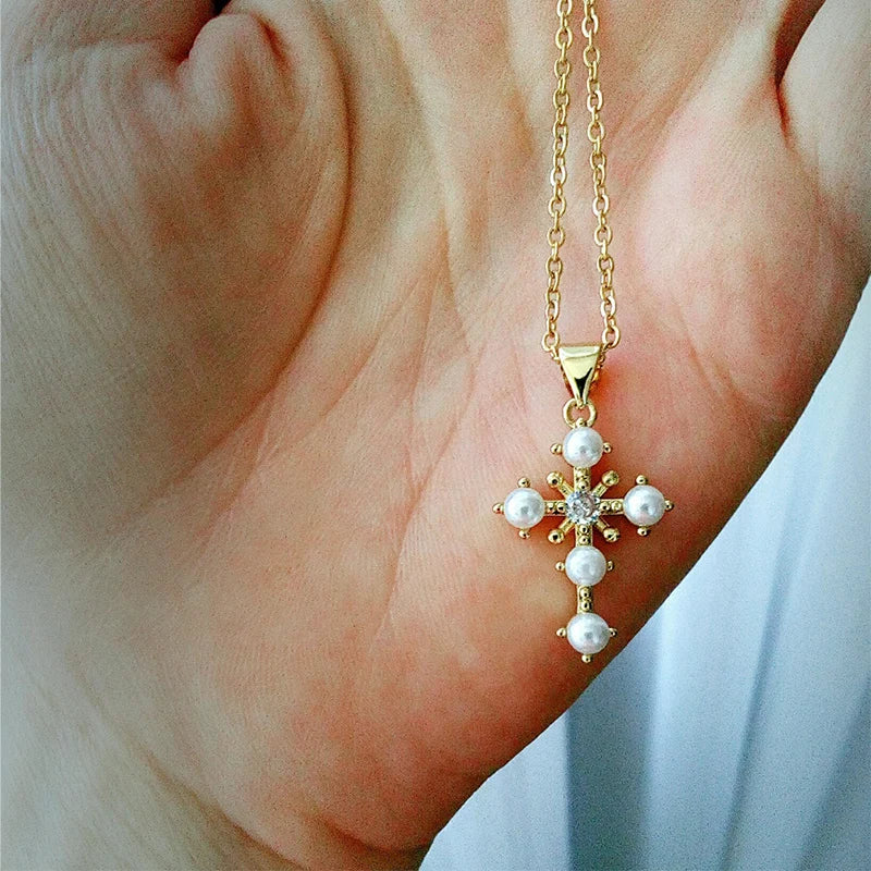 Vintage Multilayer Pearl Cross Pendant Necklace