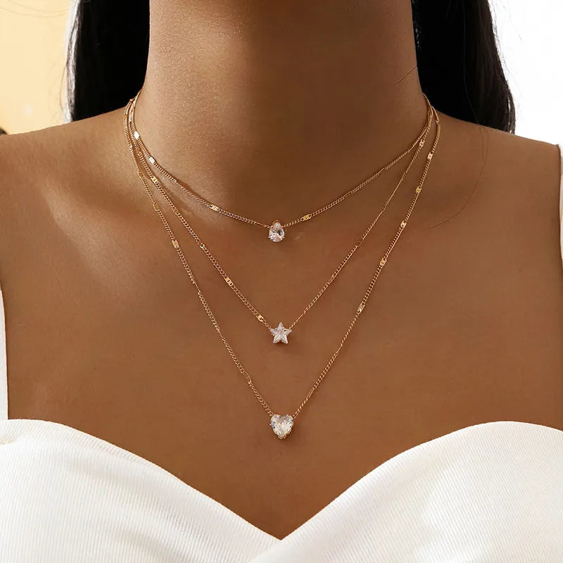 Crystal Zircon Heart Star Pendant Necklace Set