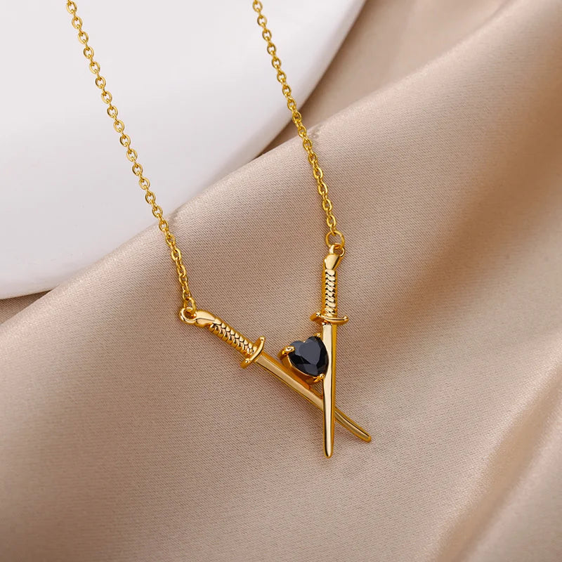 Onyx Heart Crossed Swords Necklace