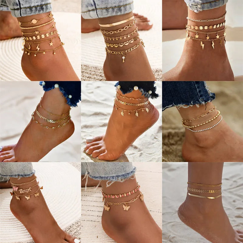 Bohemian Gold Anklets Women Key Heart Butterfly Beach