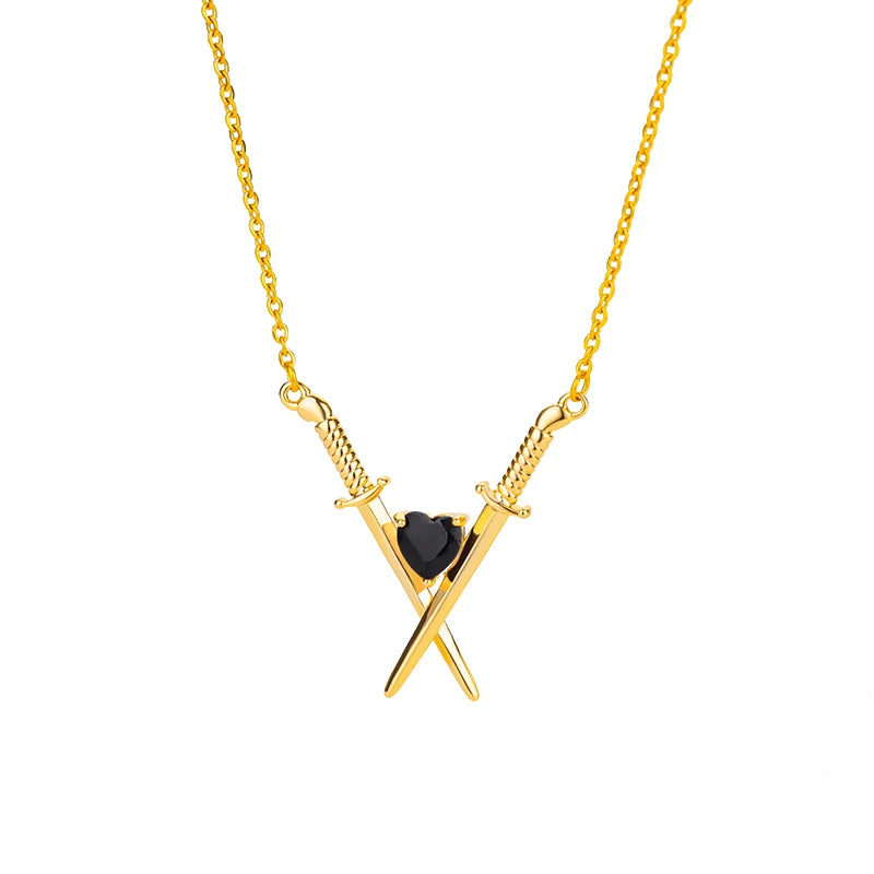 Onyx Heart Crossed Swords Necklace