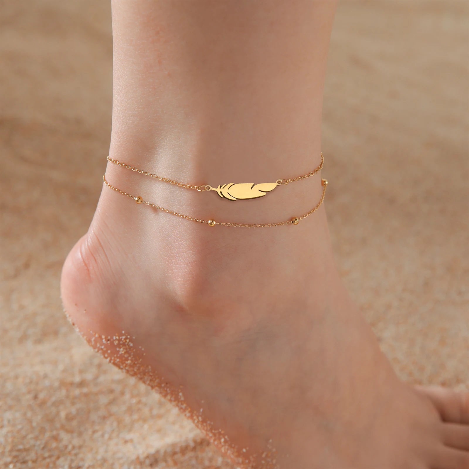 Silver Feather Stainless Steel Anklets