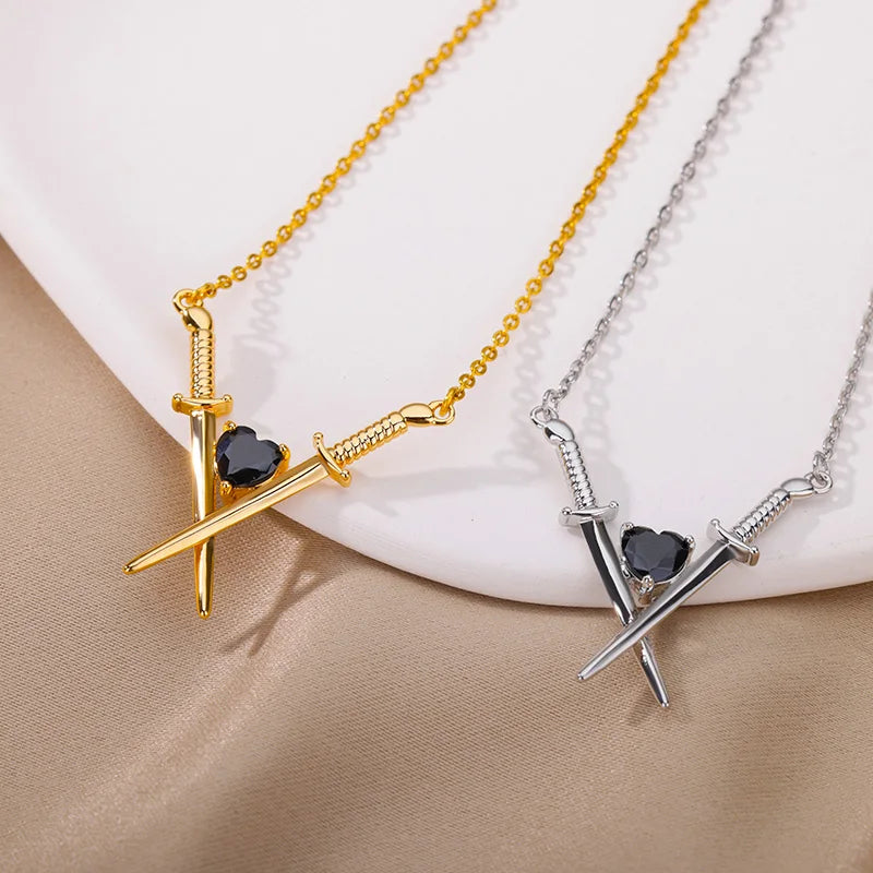 Onyx Heart Crossed Swords Necklace