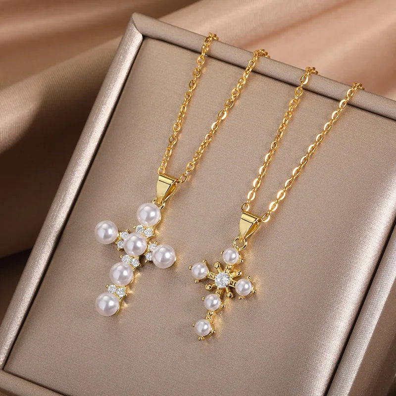 Vintage Multilayer Pearl Cross Pendant Necklace