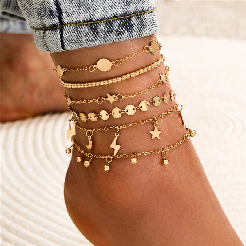 Bohemian Gold Anklets Women Key Heart Butterfly Beach