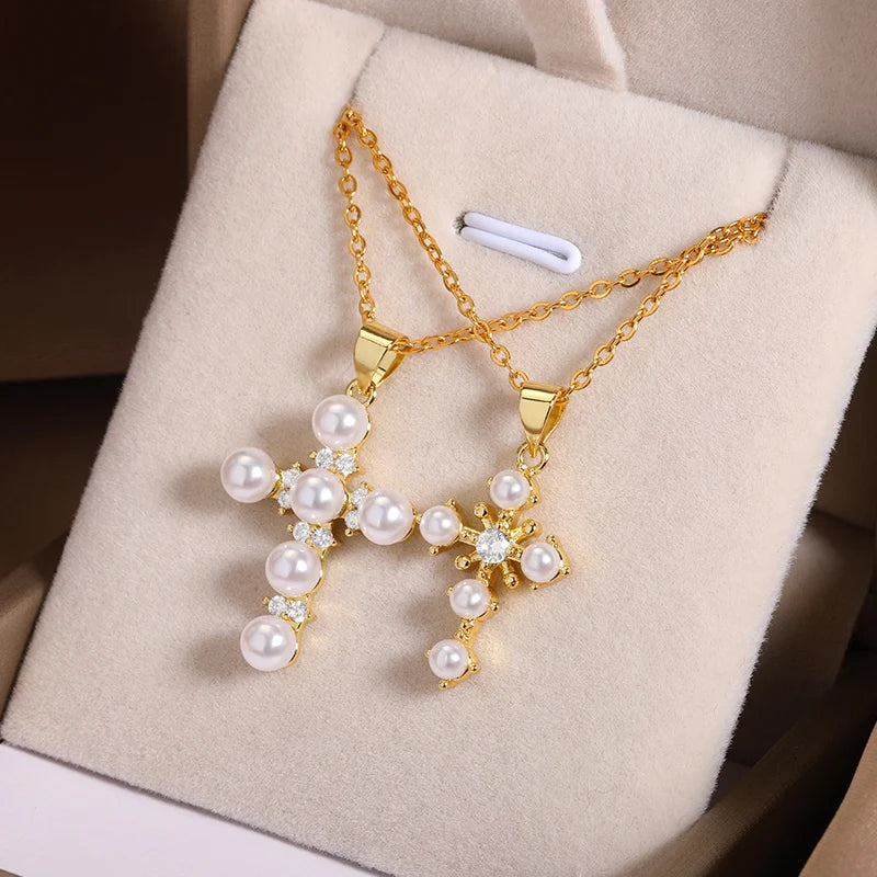 Vintage Multilayer Pearl Cross Pendant Necklace