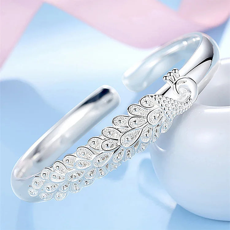 Elegant 925 Sterling Silver Peacock Bangle Bracelet