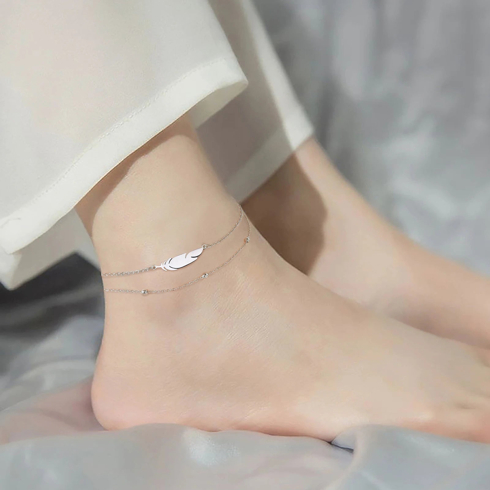 Silver Feather Stainless Steel Anklets