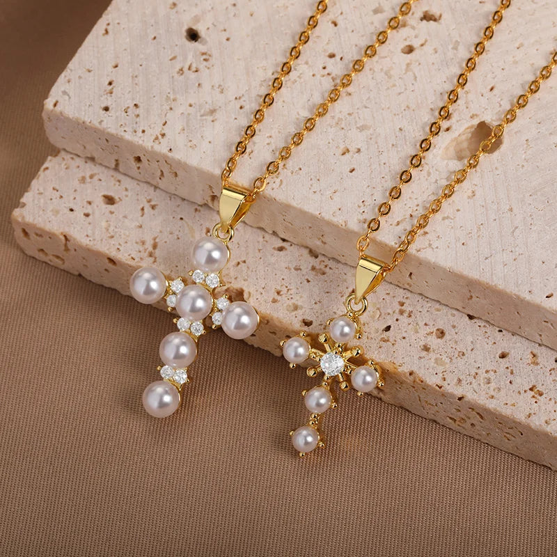 Vintage Multilayer Pearl Cross Pendant Necklace