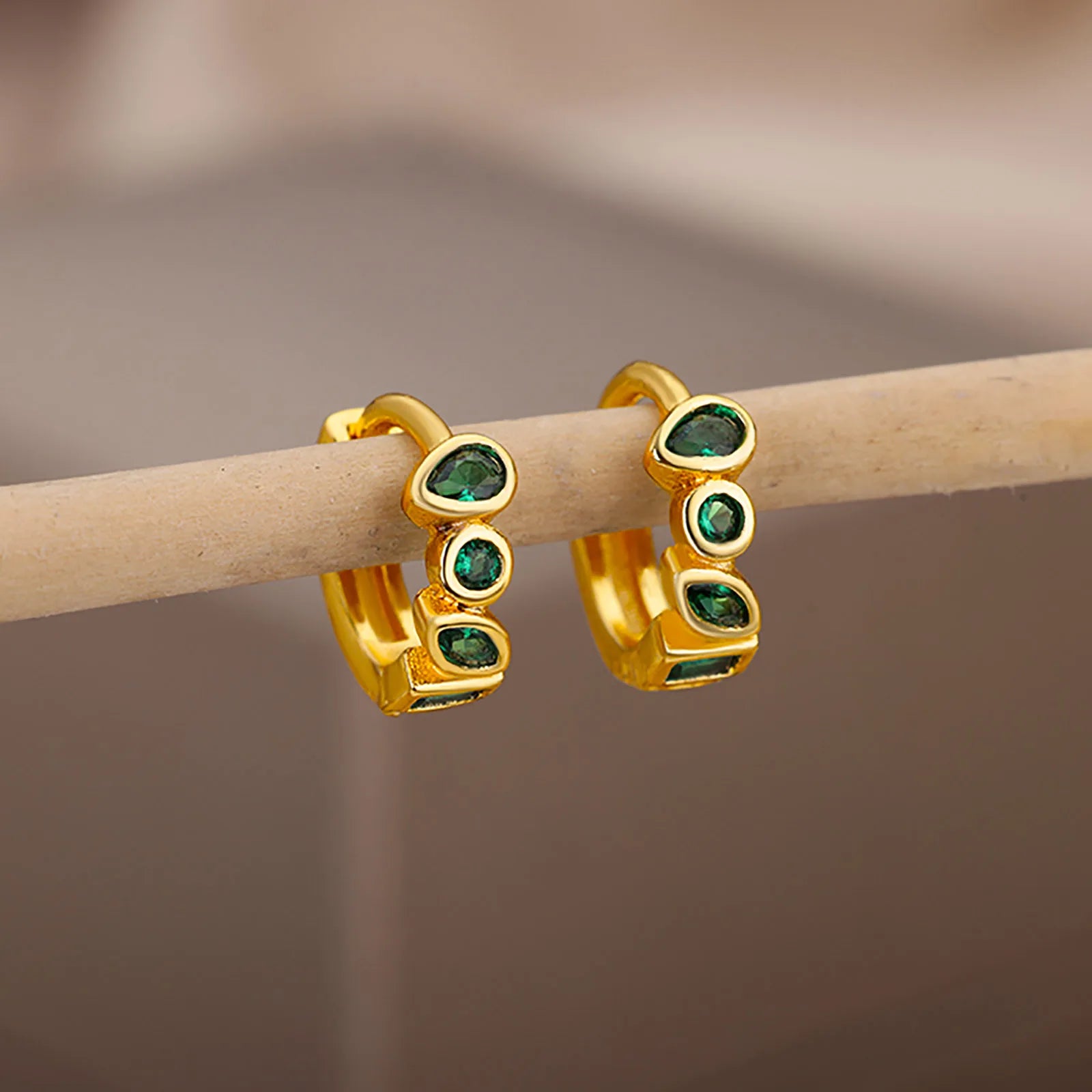 Gold-Plated Green Zircon Waterdrop Hoop Earrings