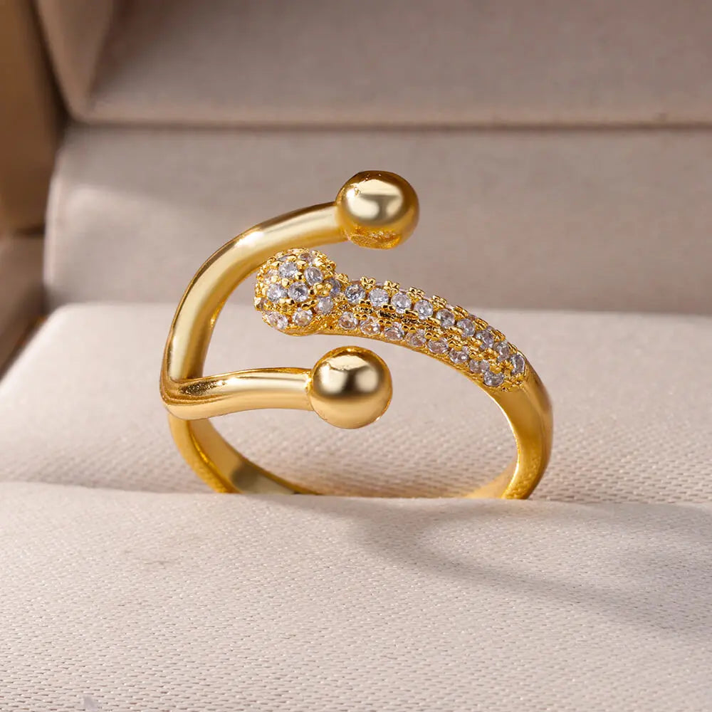 Zircon Double Ball Adjustable Stainless Steel Geometric Ring