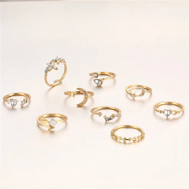 Boho Gold Heart Rings Set