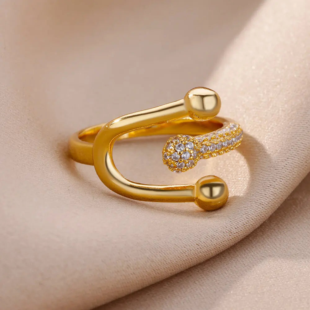 Zircon Double Ball Adjustable Stainless Steel Geometric Ring