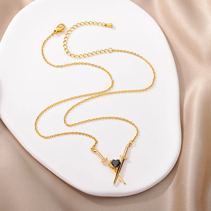 Onyx Heart Crossed Swords Necklace